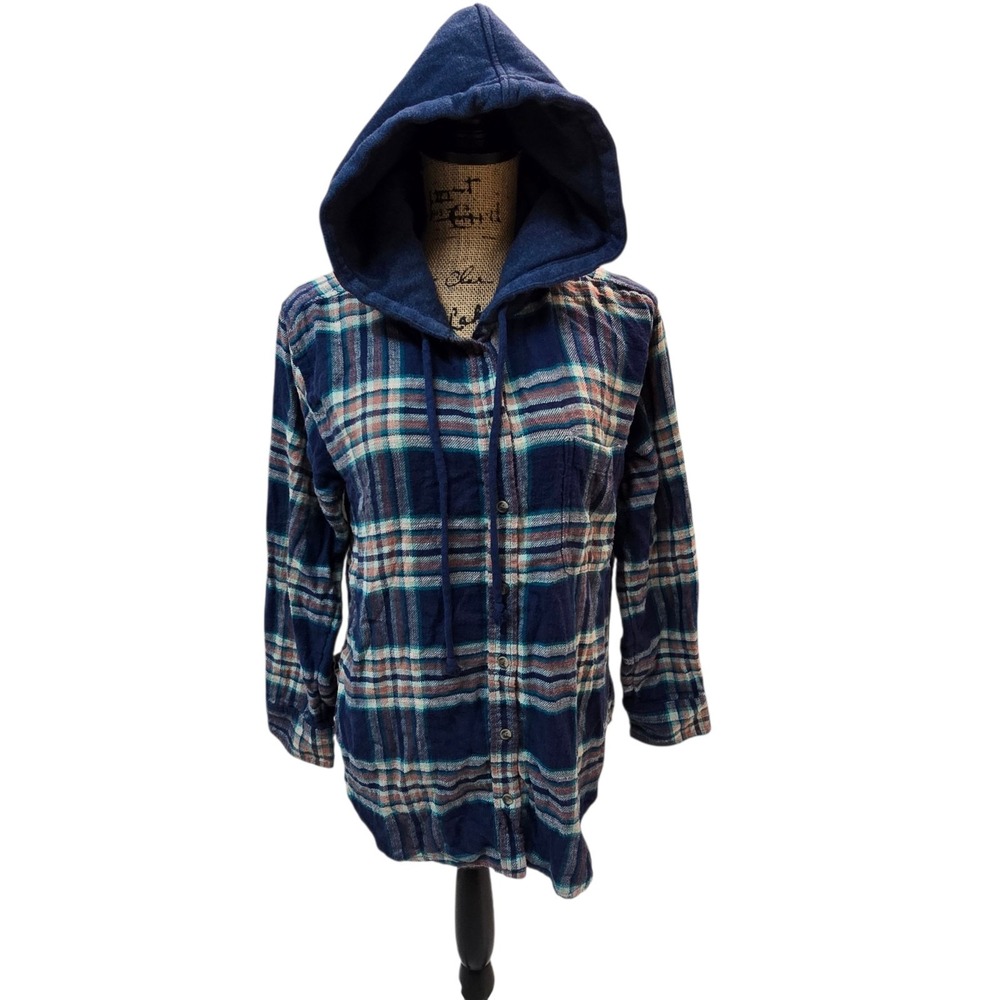 American Eagle Y2K Flannel Hoodie Shirt Shacket Women's S Blue Cotton EUC